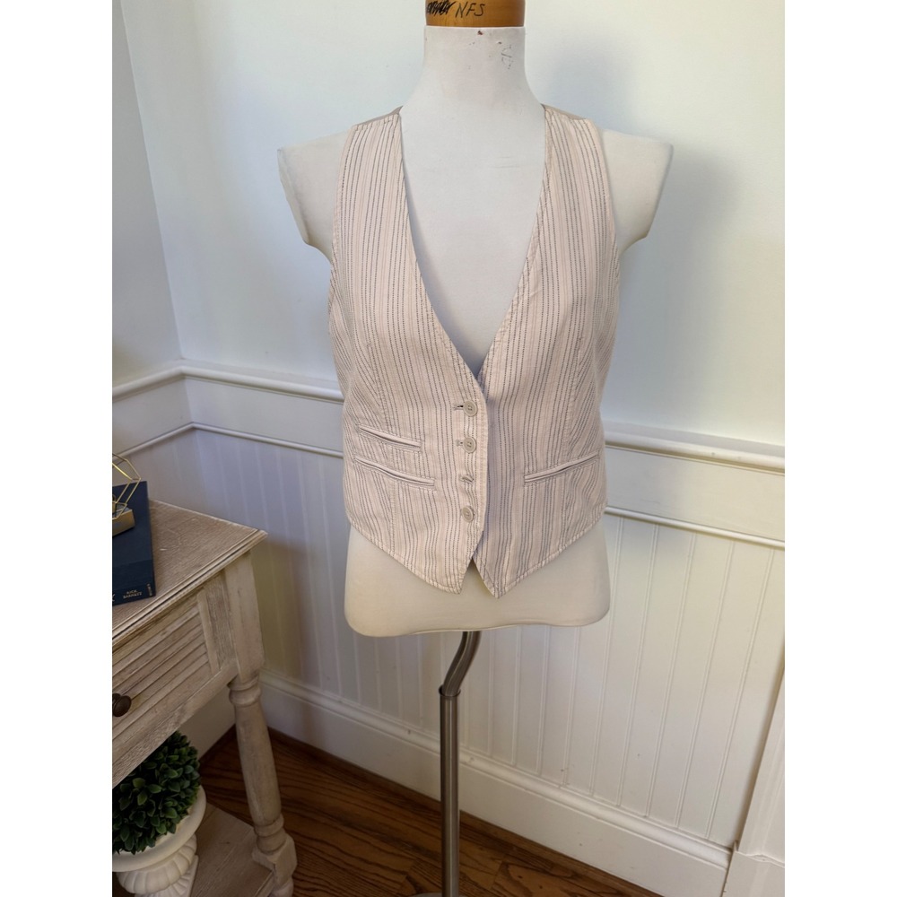 Ann Taylor LOFT Womens Pinstripe Tailored Vest Beige Navy Cotton Sz 2 Cinch Back